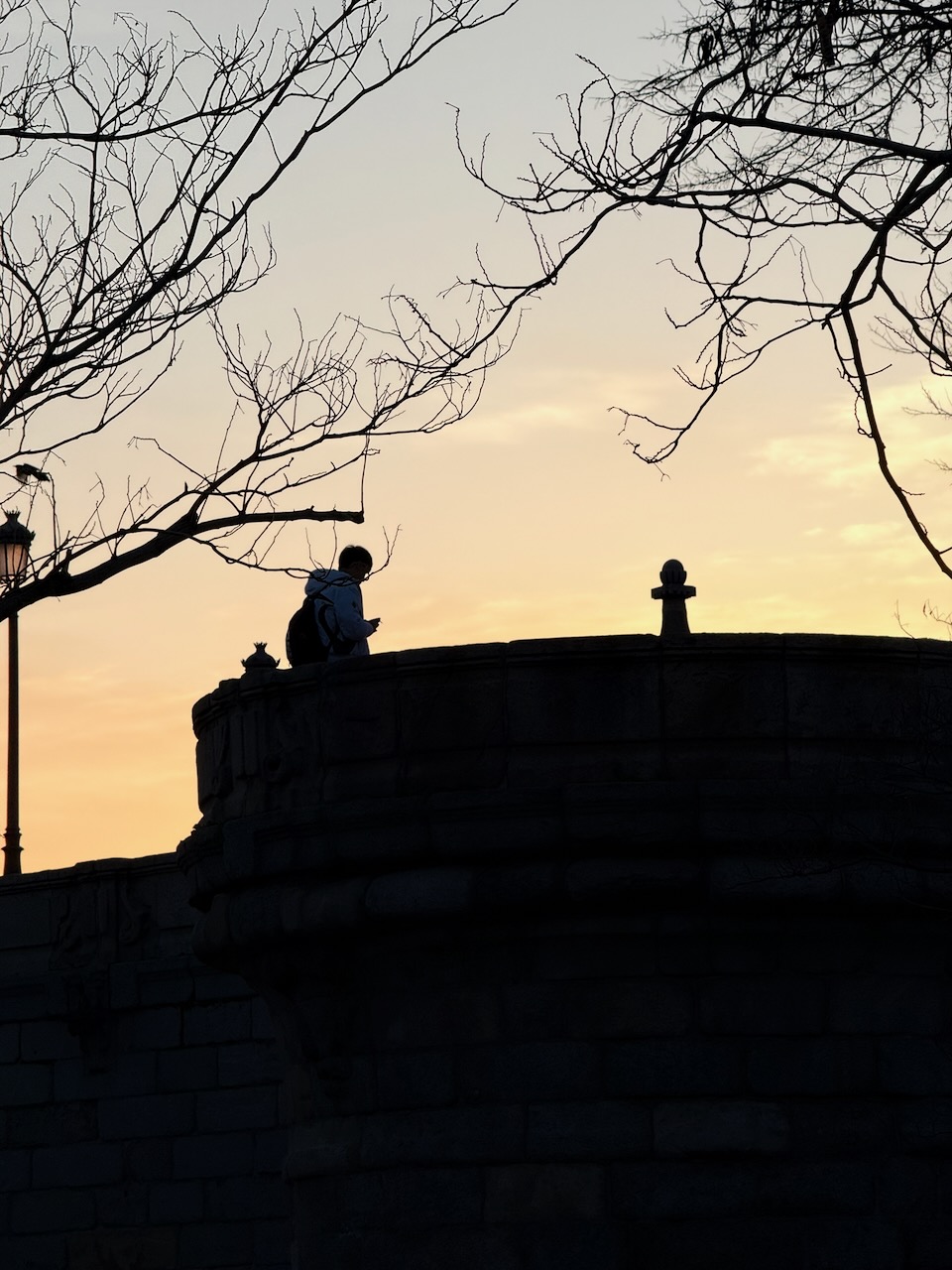 Silhouette of a person on a stone bridge at sunrise with bare tree branches.
